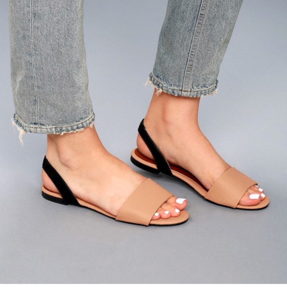 TOFFEE BEIGE SNAKE PRINT SLINGBACK FLAT SANDALS